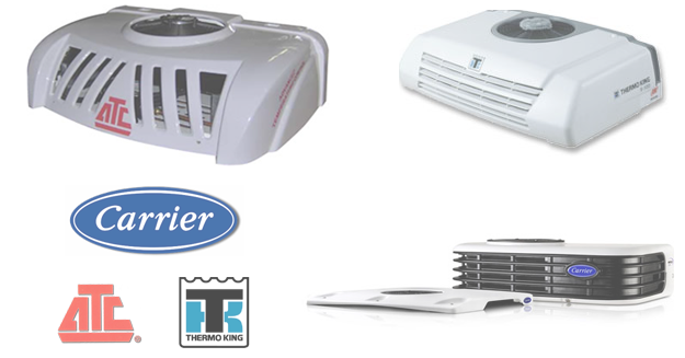 Refrigeration unit product photos and logos for ATC, Thermo King, and Carrier
